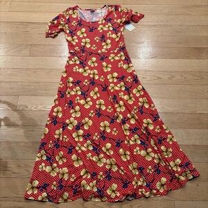 NWT LULAROE Size 3XL Ana Maxi Dress Red Yellow Polka Dot Tropical Floral C36